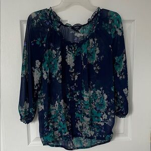 Reitmans Navy and Teal Floral Blouse